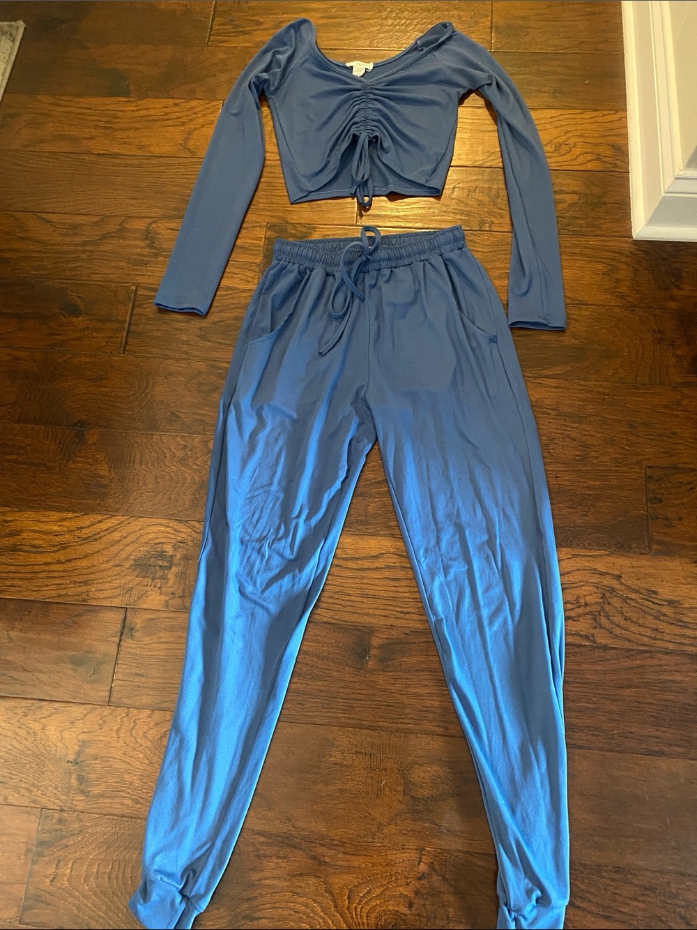 Women's Blue Ruched Crop Top & Jogger Set
